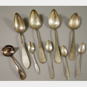 Eight Coin Silver Spoons and a Small Old Sheffield Silver-plated Ladle