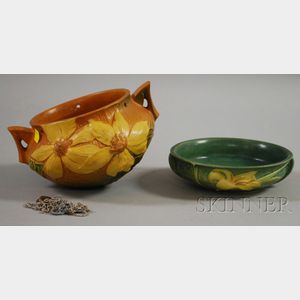 Roseville Pottery Peony Hanging Planter and a Zephyr Lily Low Bowl.