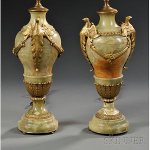 Pair of Carved Green Onyx and Gilt-mounted Lamps