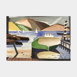 Hubert Buel (American, 1915-1984) Boat Launch, Sausalito. Signed "Hubert Buel-" l.l. Watercolor on paper, sight size 10 x 14 in., frame