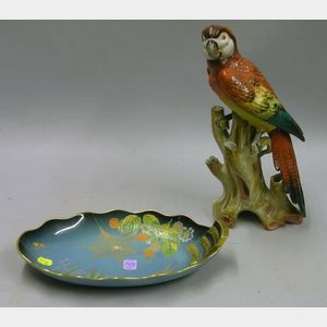Carleton Ware Spider Web Decorated Dish and a Painted Porcelain Parrot Figural Group Vase