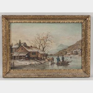 American School, Late 19th Century Winter Homestead Landscape with Figures on a Frozen Lake