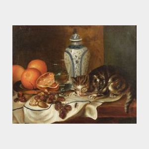American School, 19th/20th Century A Questionable Playmate/Table Top Still Life with Cat and Wasp