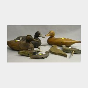 Three Carved and Painted Wooden Duck Decoys and Four Shore Birds.