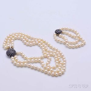 Triple-strand Pearl Necklace and Double-strand Pearl Bracelet