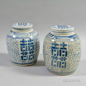 Pair of Chinese Blue and White Ceramic Covered Jars