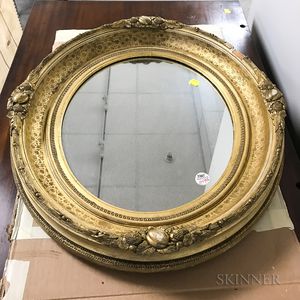 Gilt-framed Oval Mirror and a Framed Painted Tile. 
