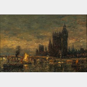 British School, 19th/20th Century Shipping on the Thames at Westminster Bridge
