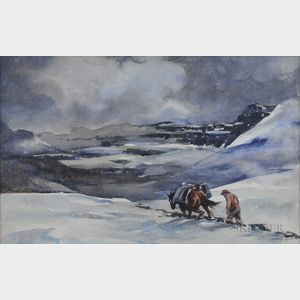 Levon West (American, 1900-1968) Trudging Through Snowy Mountains