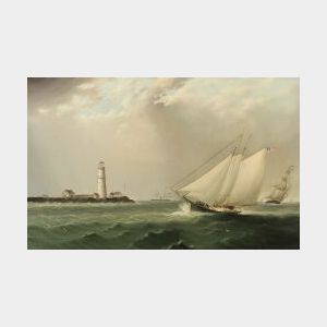 James Edward Buttersworth (British/American, 1817-1894),Schooner and Vessels Off the New EnglandCoast with a Lighthouse in the Distanc