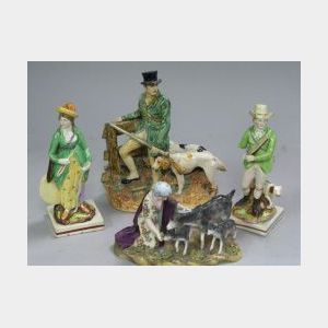 Three English Pearlware Hunt Figures and an Austrian Porcelain Girl with Goats Figural Group.