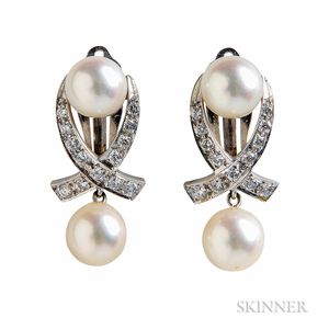 14kt Gold, Cultured Pearl, and Diamond Earclips