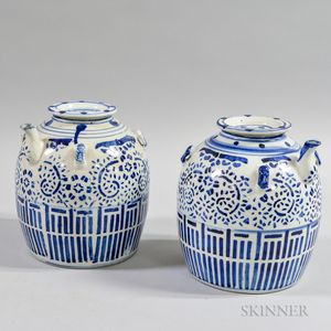 Pair of Large Chinese Blue and White Stenciled Ceramic Teapots