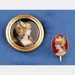 Art Nouveau 18kt Gold and Limoges Enamel Brooch and Stick Pin
