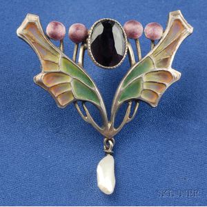 Art Nouveau Plique-a-Jour Enamel and Gem-set Brooch
