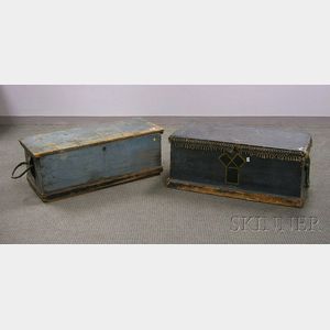 Two Blue-painted Pine Dovetail-constructed Sea Chests with Becket Handles