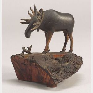 Figural Folk Art Carved Wood Moose and Dog