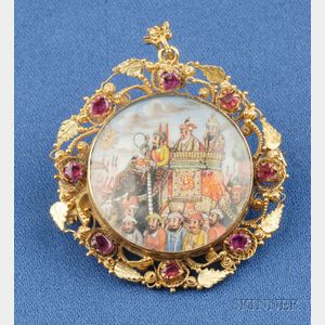 Antique High-Karat Gold, Persian Miniature, and Ruby Pendant/Brooch