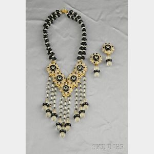 Frosted Glass and Faux Onyx Glass Bead Necklace and Earclips, Stanley Hagler