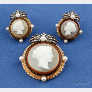 Antique Hardstone Cameo, Seed Pearl, Enamel, and Diamond Suite