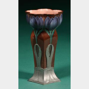 Art Nouveau Jugendstil Orvit Pewter and Ceramic Vase