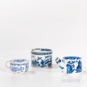 Blue Transfer Shaving Dish and Two Spitting Cups