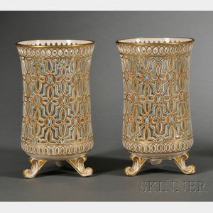 Pair of Derby Porcelain Reticulated Spill Vases