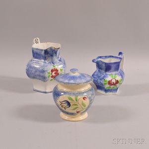Three Blue Spatterware Vessels