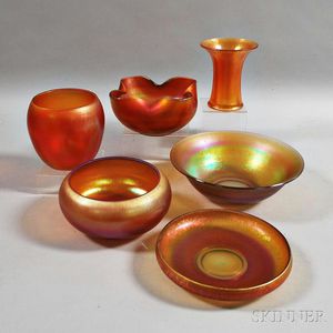 Six Imperial Iridescent Art Glass Vessels