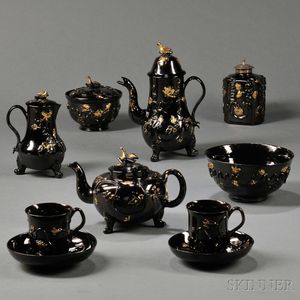 Staffordshire Jackfield Black Glazed Redware Partial Tea and