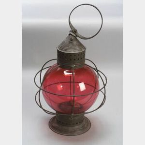 Fixed Cranberry Glass Onion Globe Lantern With Pierced Tin Frame