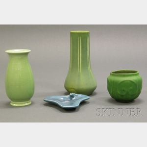 Three Arts & Crafts Pottery Vases and a Tray
