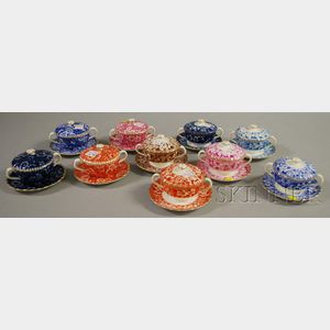 Set of Ten Spode Floral Transfer-decorated Porcelain Covered Bouillon Cups and Saucers.