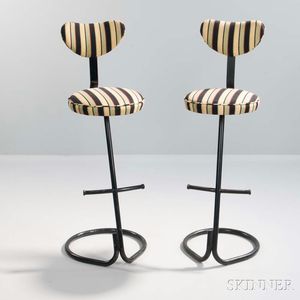 Two Bar Stools with Striped Upholstery