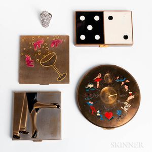 Four Vintage Compacts and a Rhinestone Ring with Hidden Lipstick