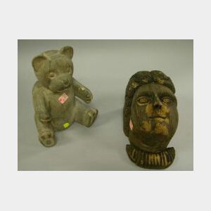 Carved Wooden Wall Mount Bust and a Bear Figure.