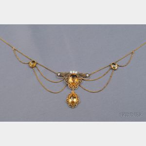 Antique 14kt Gold, Citrine, and Freshwater Pearl Festoon Necklace