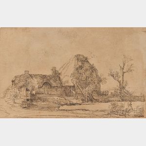 After Rembrandt van Rijn (Dutch, 1606-1669) Cottages and Farm Building with a Man Sketching