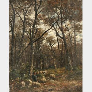 Charles Émile Jacque (French, 1813-1894) Shepherd and Flock in a Forest Glade