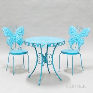 Contemporary Blue-painted Metal Butterfly Bistro Table and Two Matching Side Chairs