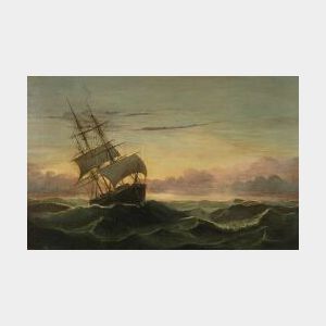 Mary Blood Mellen (American, b. 1817) Three Master in Rough Seas