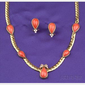 18kt Gold, Coral, and Diamond Necklace and Earclips