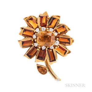 Attributed to Cartier, 18kt Gold, Citrine, and Diamond Flower Brooch