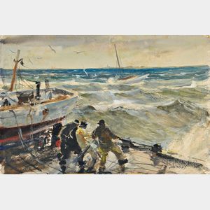 John Whorf (American, 1903-1959) Fishermen Hauling Lines on a Dock