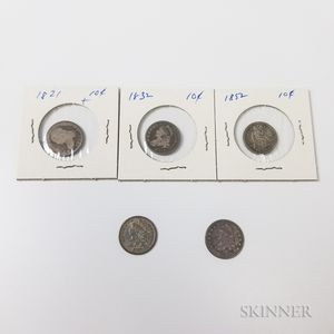 Four Capped Bust Dimes and an 1852 Seated Liberty Dime