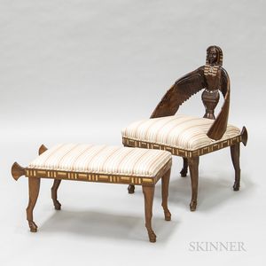 Egyptian Revival Carved and Inlaid Hardwood Side Chair and Ottoman