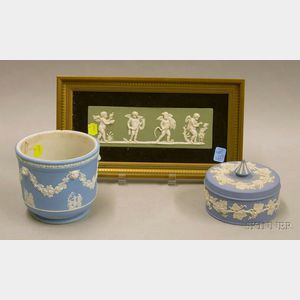 Wedgwood Light Blue Solid Jasper Covered Box and Jasper Dip Jardiniere, and a Framed Wedgwood Light Green Solid...