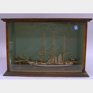 Cased Painted Wooden American Three-masted Sailing Ship Diorama
