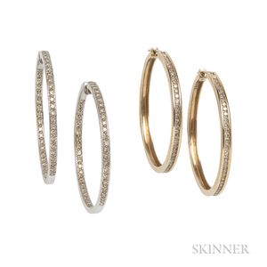 Two Pairs of 14kt Gold and Diamond Hoop Earrings