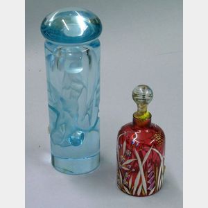 Robert Deeble Blue Glass Cologne and an Art Nouveau Enameled Glass Perfume Bottle.